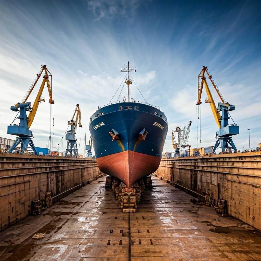 Modern maritime drydock facility with ship and cranes